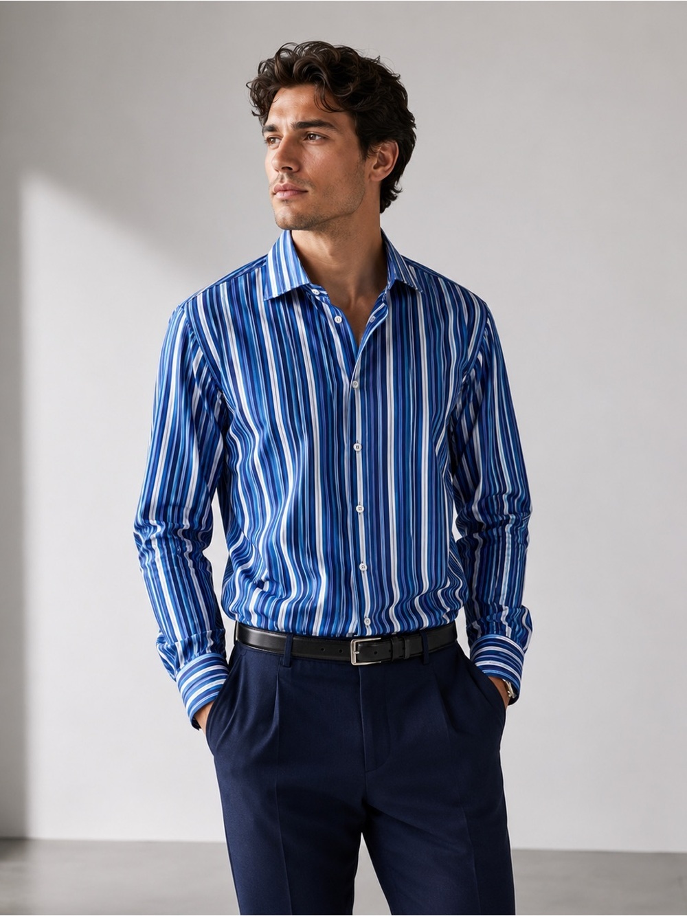 Bugatchi Uomo Shaped Fit Blue/White Stripe Cotton Shirt Sz XL Extra Long